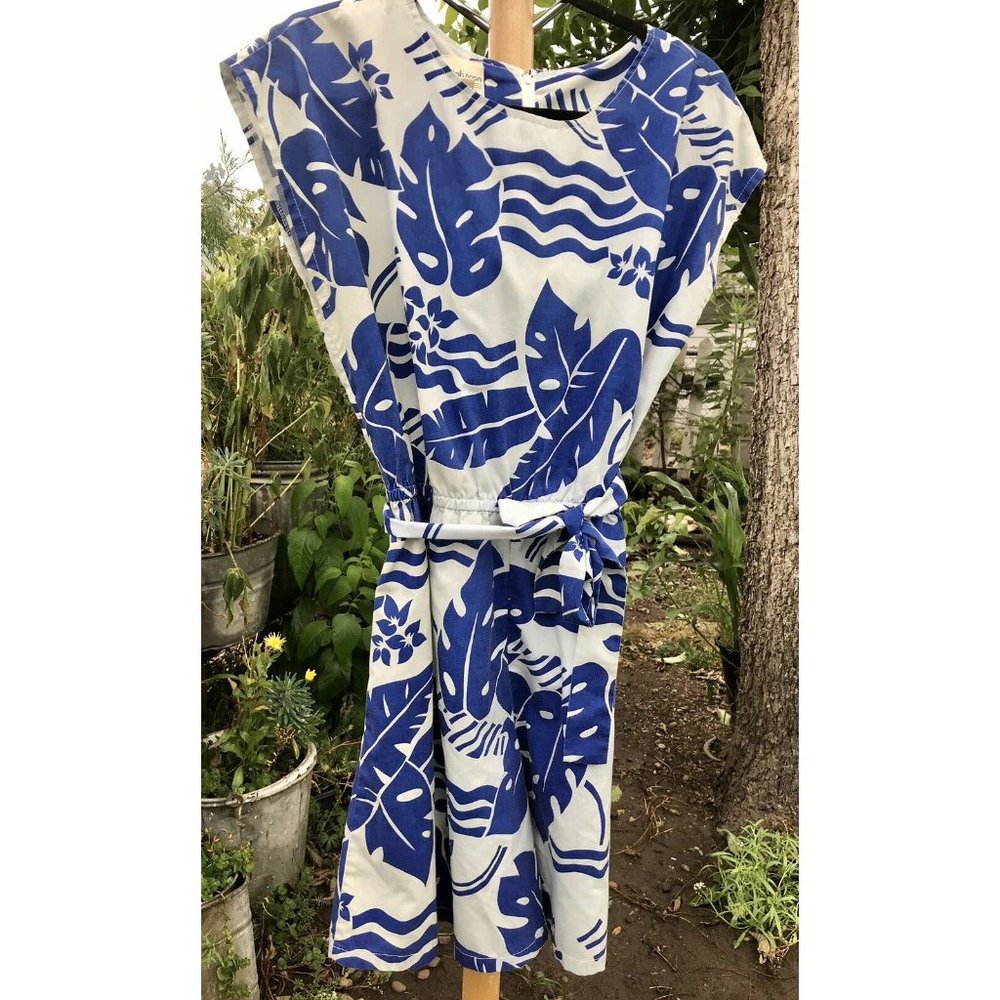 Vtg 80s High Noon Women’s Boxy Belted Tiki Hawaiian Jumper Romper Blue L XL USA